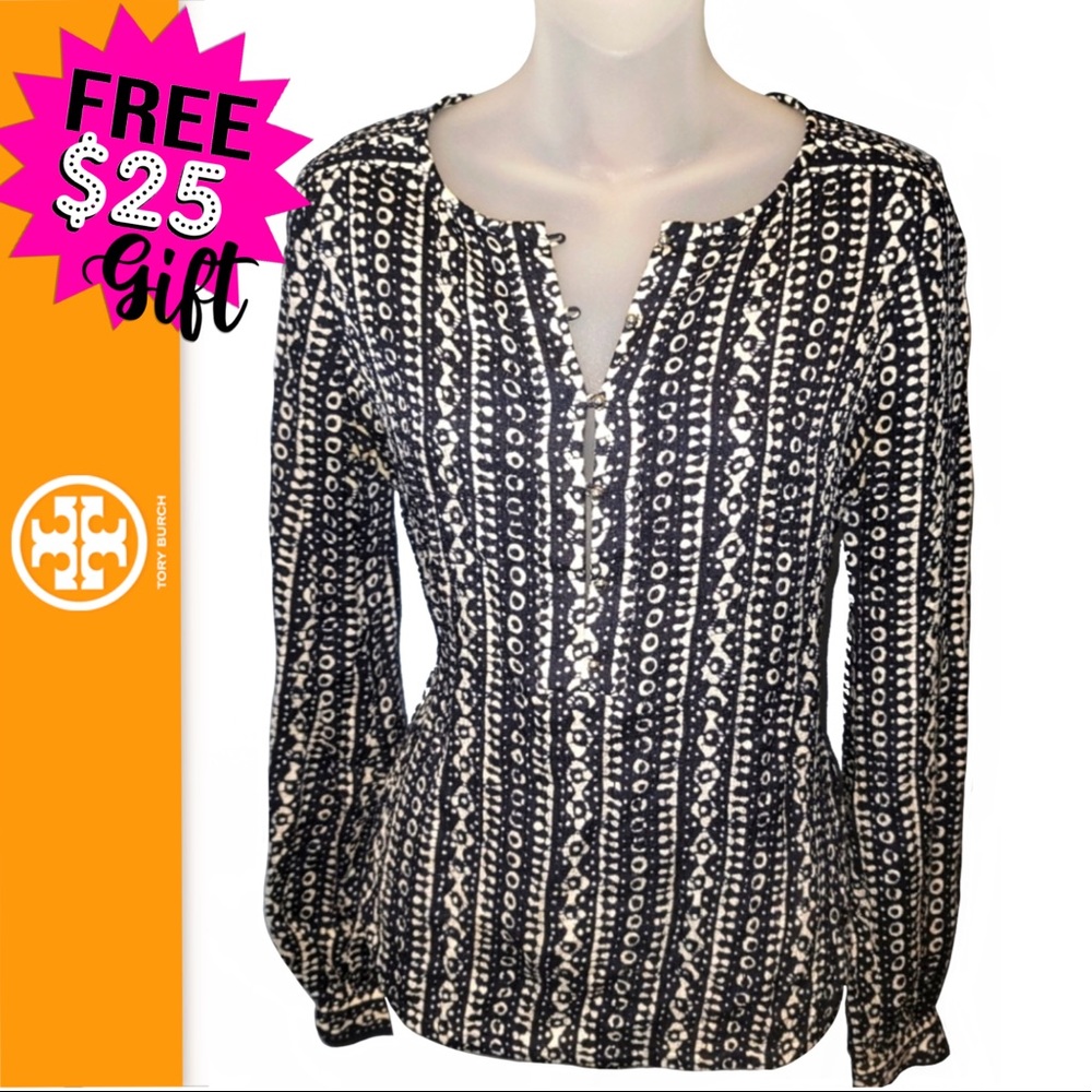 Tory Burch Abstract Pattern 100% Silk Long Sleeve Blouse NWOT